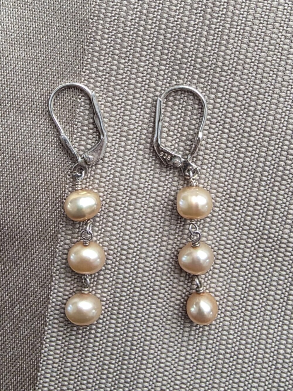 Triple Freshwater Pearls Sterling 925 silver dangle Leverback Earrings